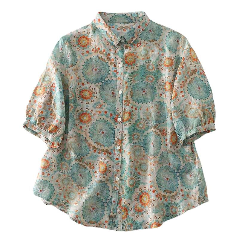 M~2XL ブルー×オレンジプリント ルーズフィット 開襟シャツ