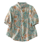 M~2XL ブルー×オレンジプリント ルーズフィット 開襟シャツ