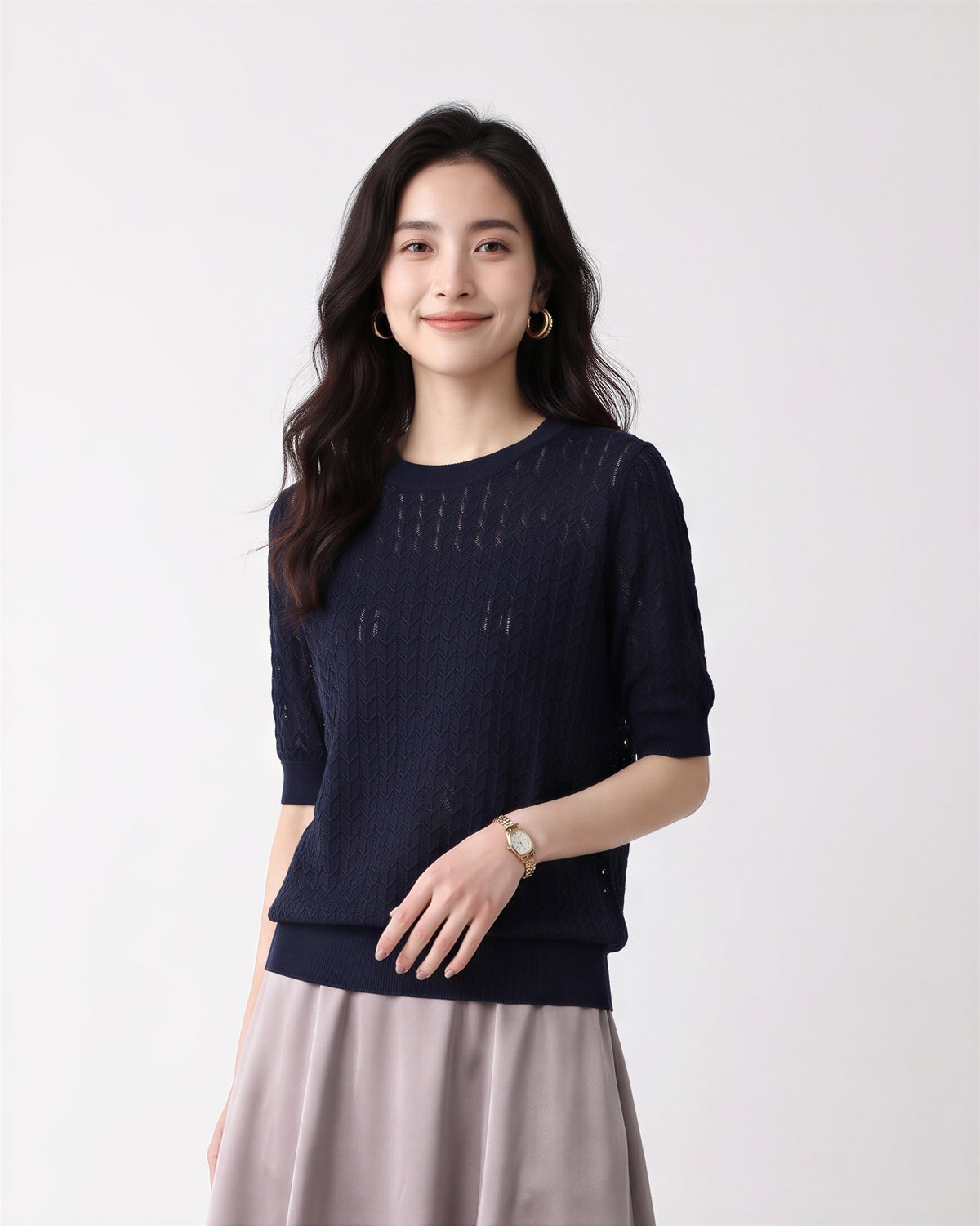 M~XL 透かしジャカード クルーネックニット