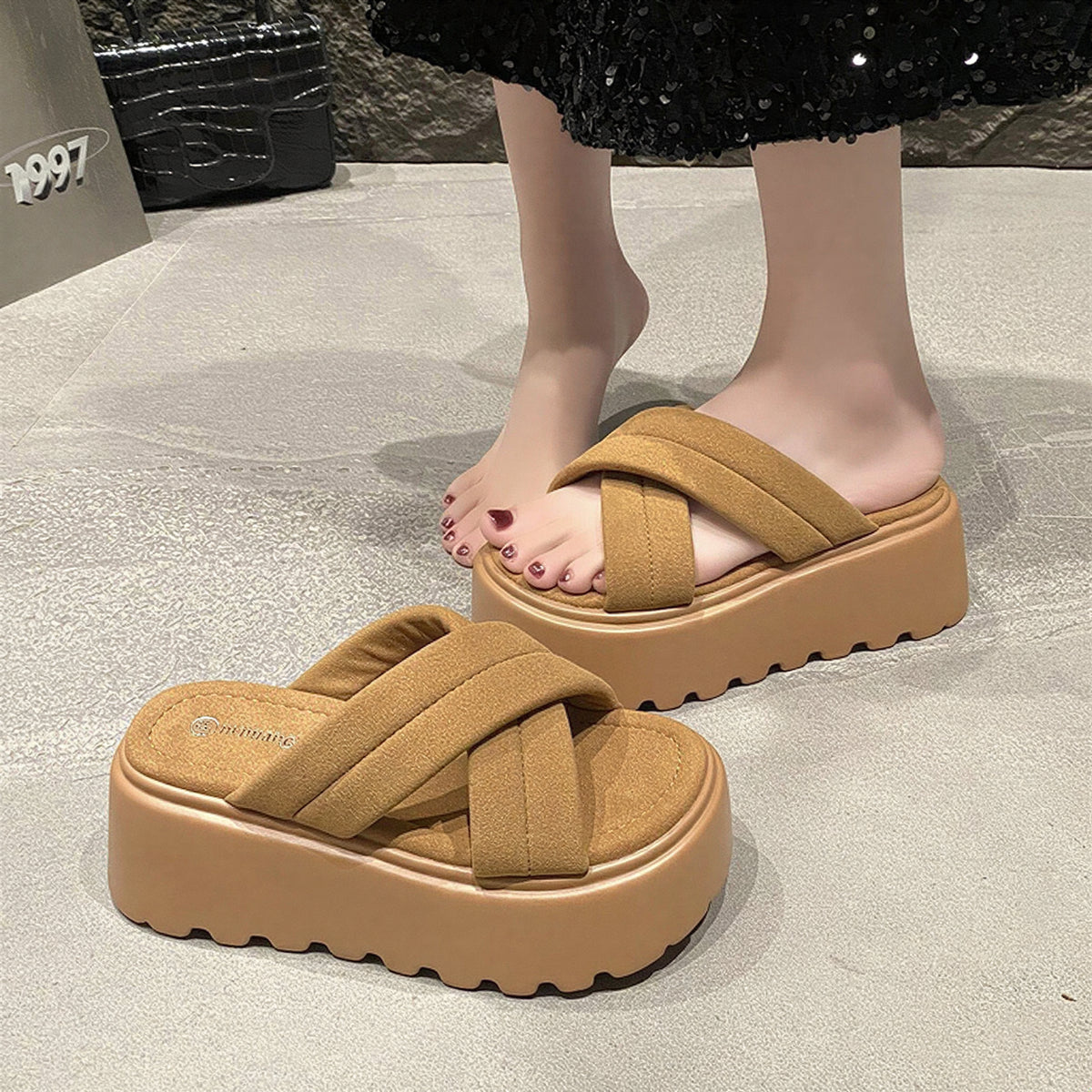 厚底ウェッジソール クロスベルト 滑りにくいギザ底サンダル-イエロー-42