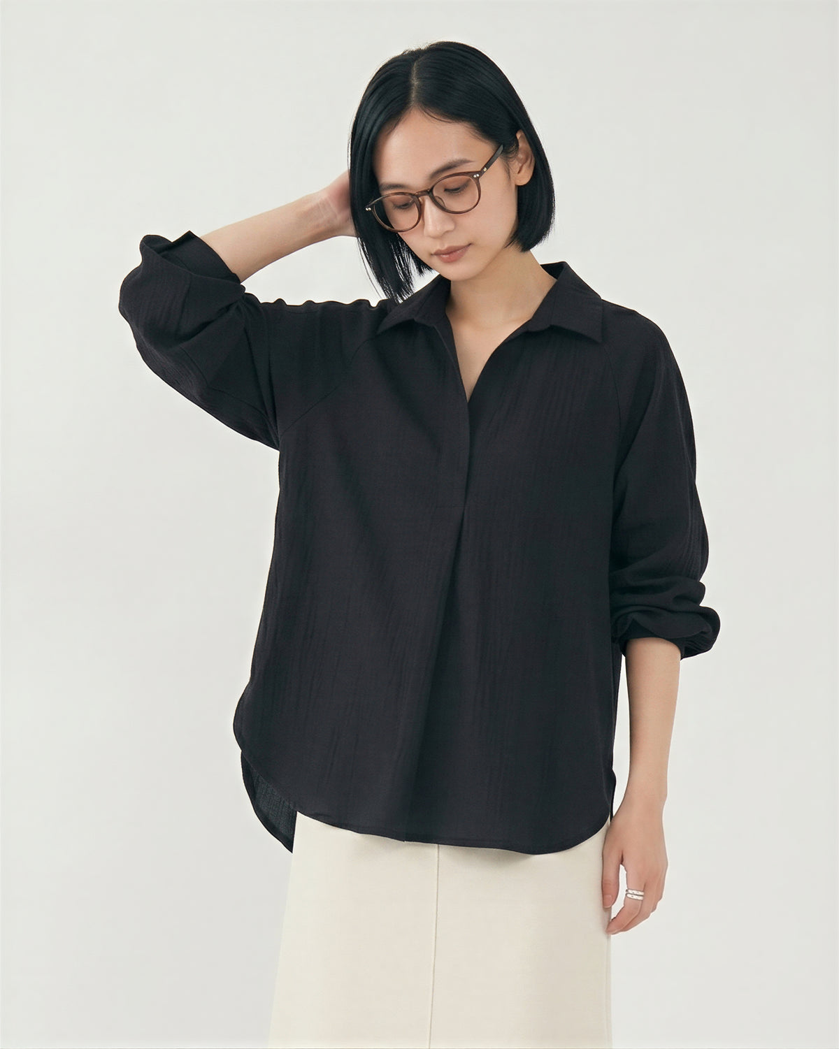 襟付きVネック前開き バルーンスリーブブラウス-ブラック-5XL