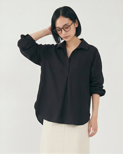 襟付きVネック前開き バルーンスリーブブラウス-ブラック-5XL