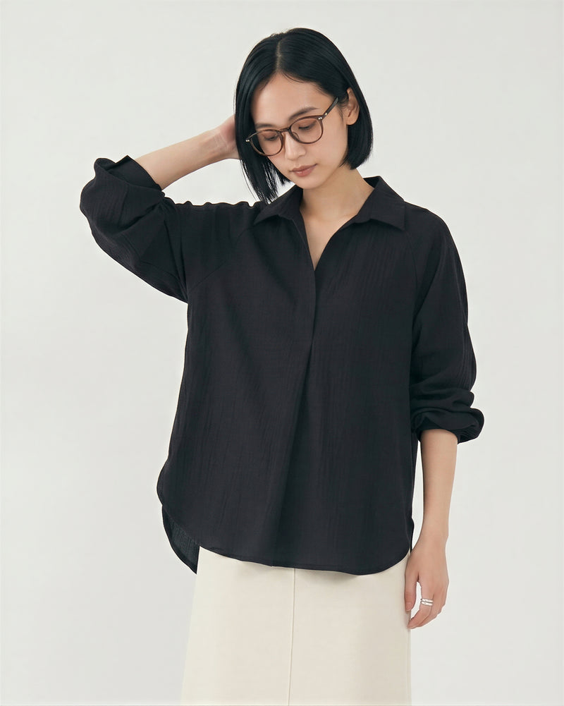 襟付きVネック前開き バルーンスリーブブラウス-ブラック-5XL