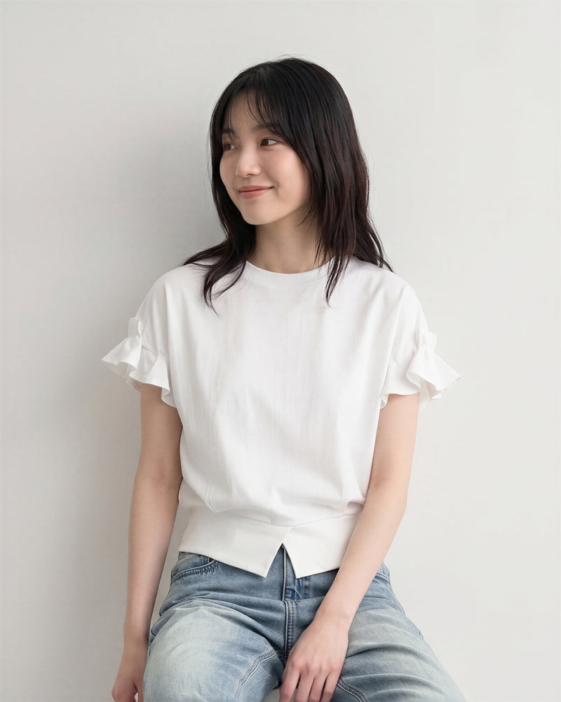 フリルスリーブ ウエストシェイプ ショート丈Tシャツ
