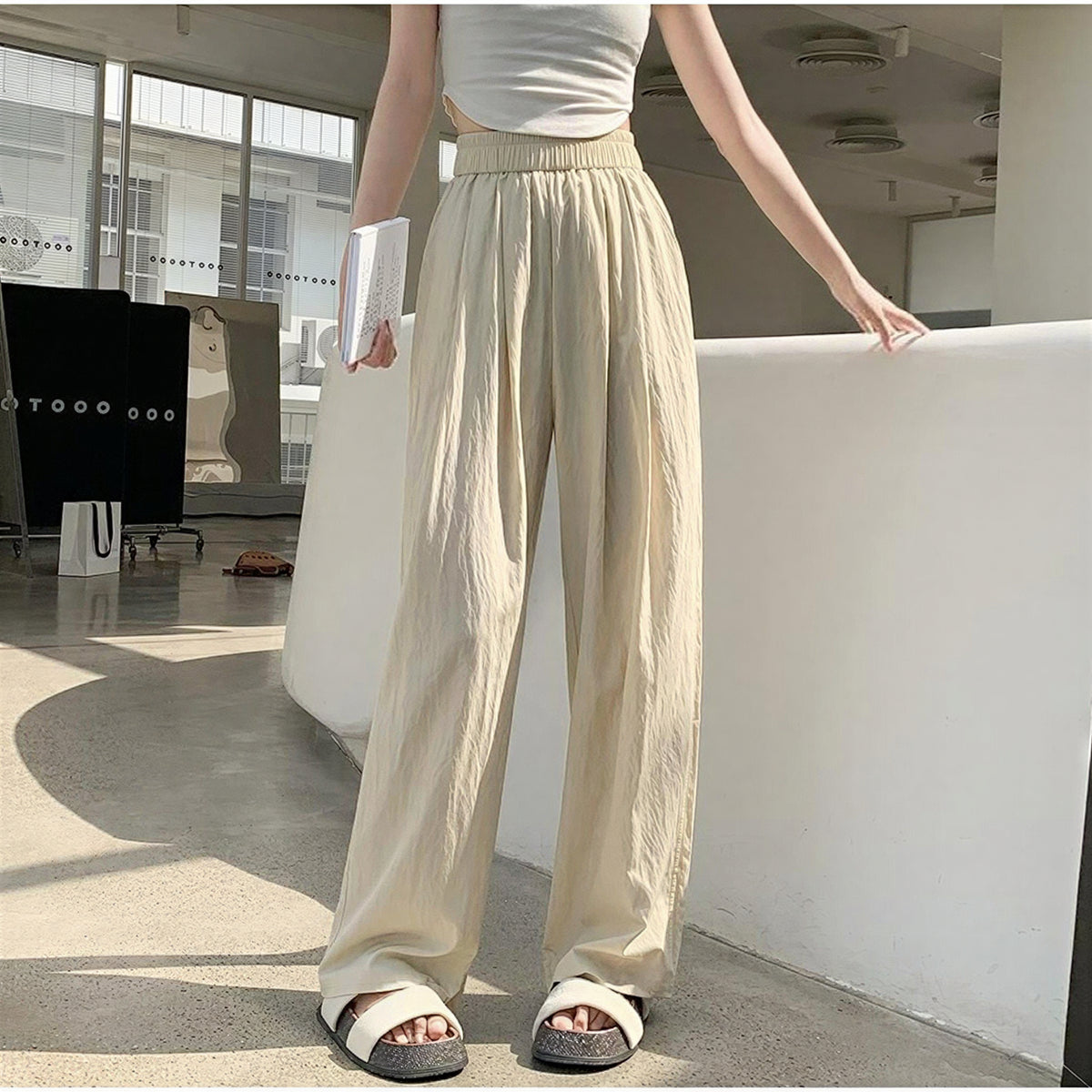 ウエストゴム ハイウエスト 落ち感ワイドパンツ-ライトベージュ レギュラー-XL