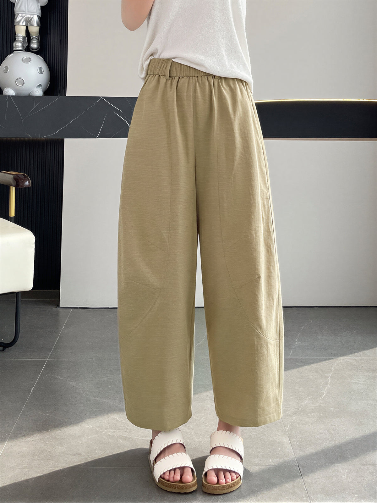 ハイウエスト ゴム仕様 ストレートワイドパンツ-カーキ-4XL
