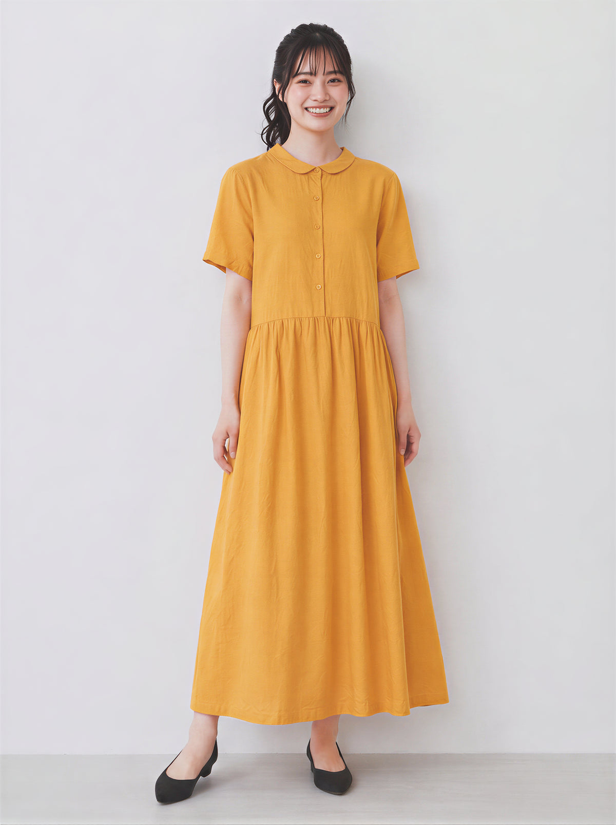 スタンドカラー 前ボタン ハイウエスト プリーツ ロングワンピース-イエロー-2XL
