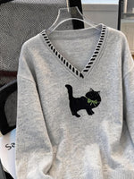 【全2色】S~XL Vネック 透かし縁取り 猫モチーフ ニットトップス