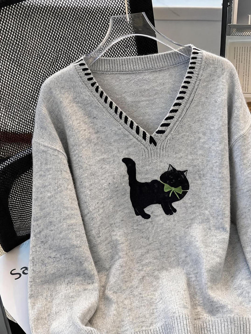 【全2色】S~XL Vネック 透かし縁取り 猫モチーフ ニットトップス