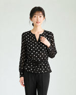 L~4XL ブラックドット ウエストマークブラウス