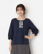 刺繍切り替えバルーンスリーブTシャツ-ダークブルー-3XL