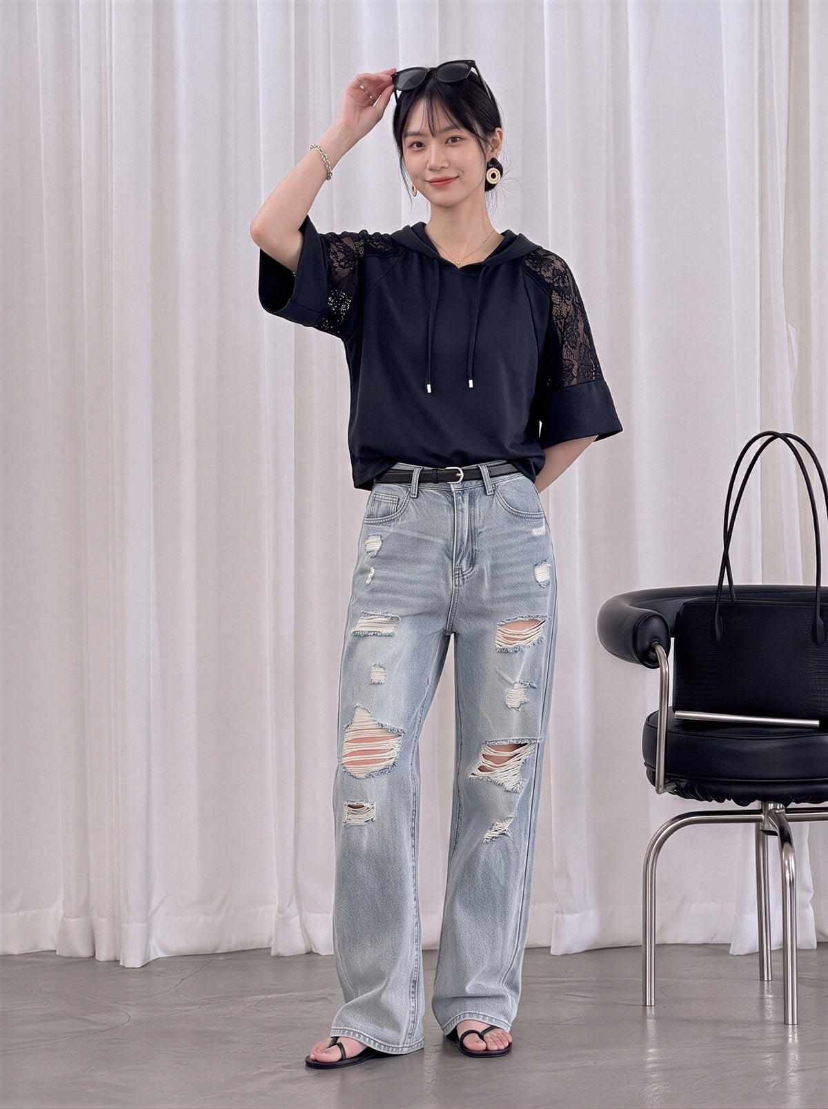 レース切り替えフード付きワイドスリーブTシャツ