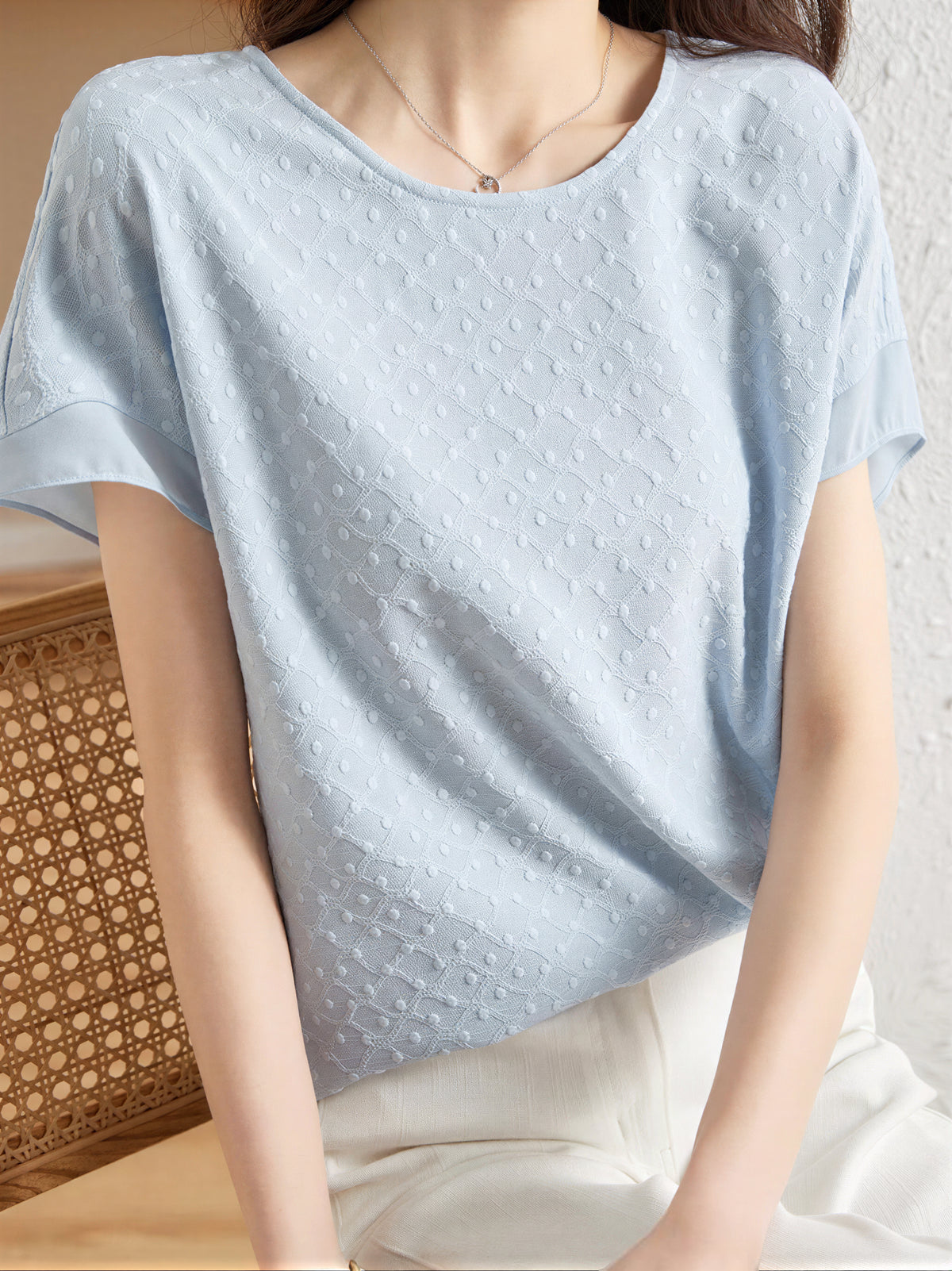 ジャカード クルーネック ゆったり シフォンブラウス