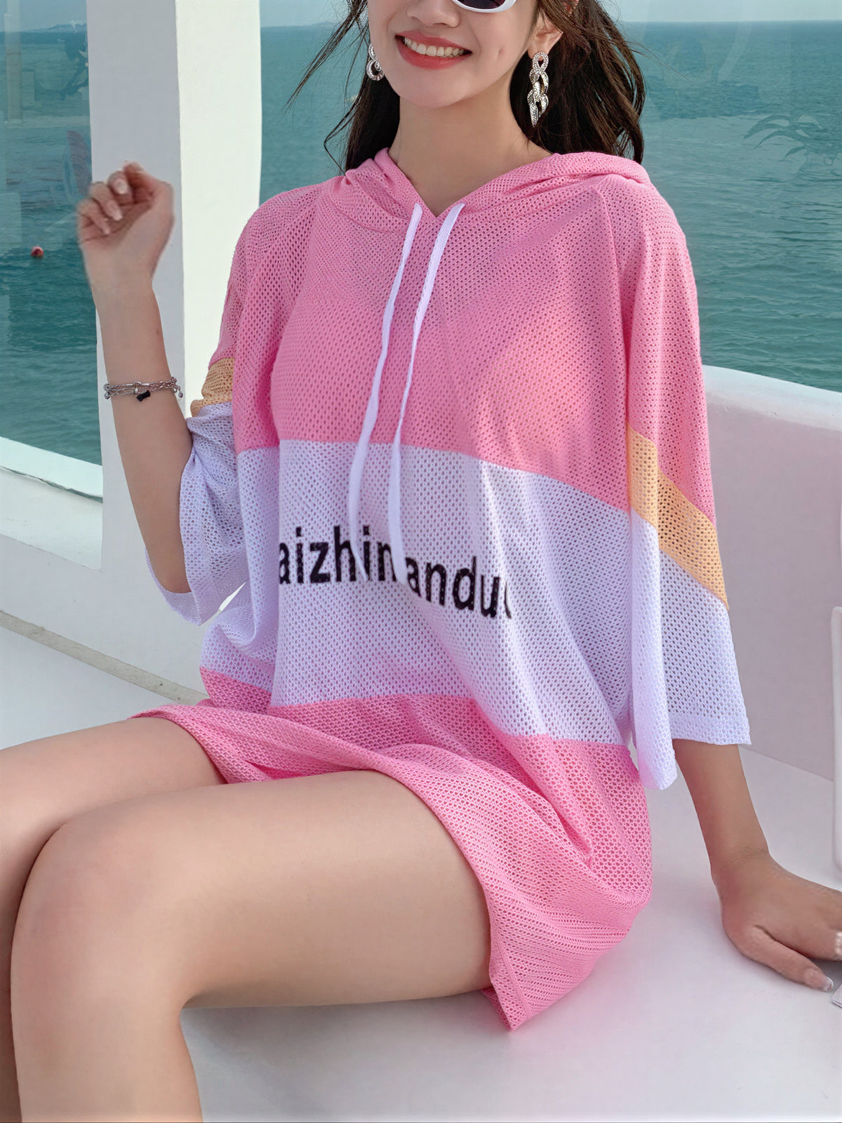 フード付き ゆったり シーム切り替えデザイン セパレート3点セット水着（カバーアップ＋タンクトップ型水着＋ボクサーショーツ）-ピンク-XL