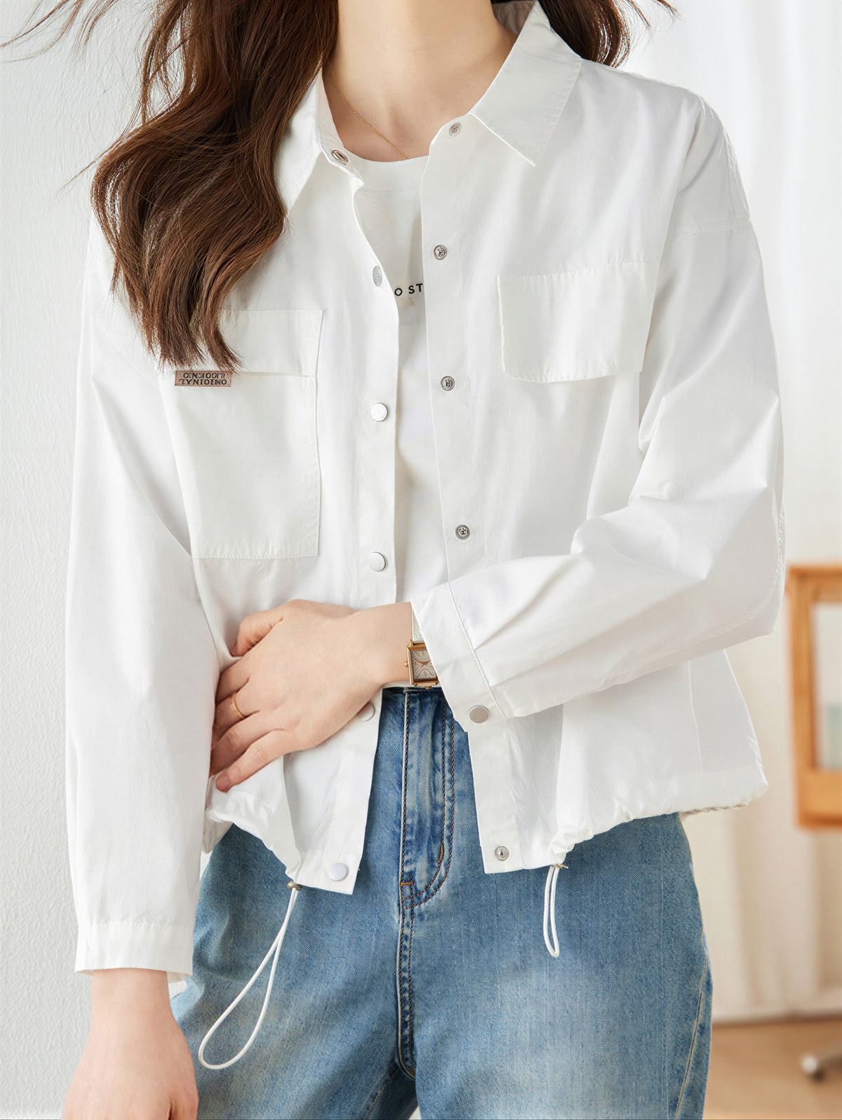 フラップポケット ドローストリング ショート丈ワークジャケット-ホワイト-2XL