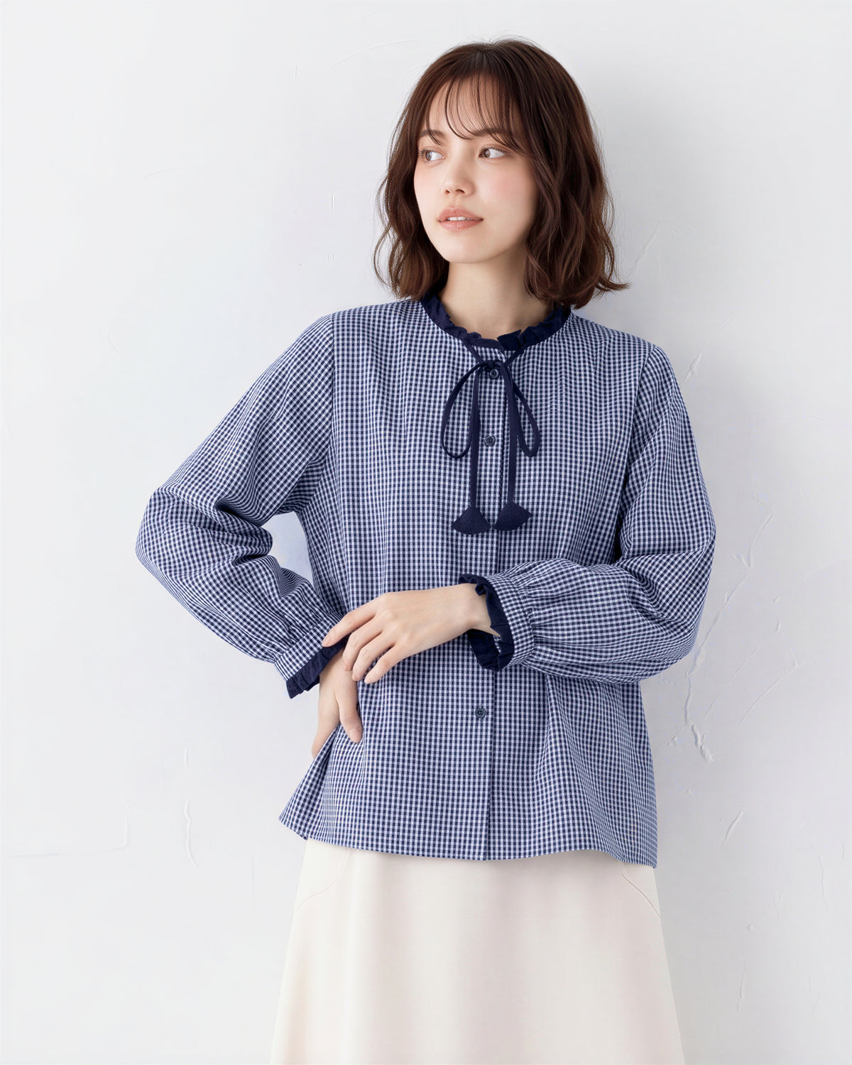 【秋新作】S~2XL フリルネックリボン付きチェックシャツ