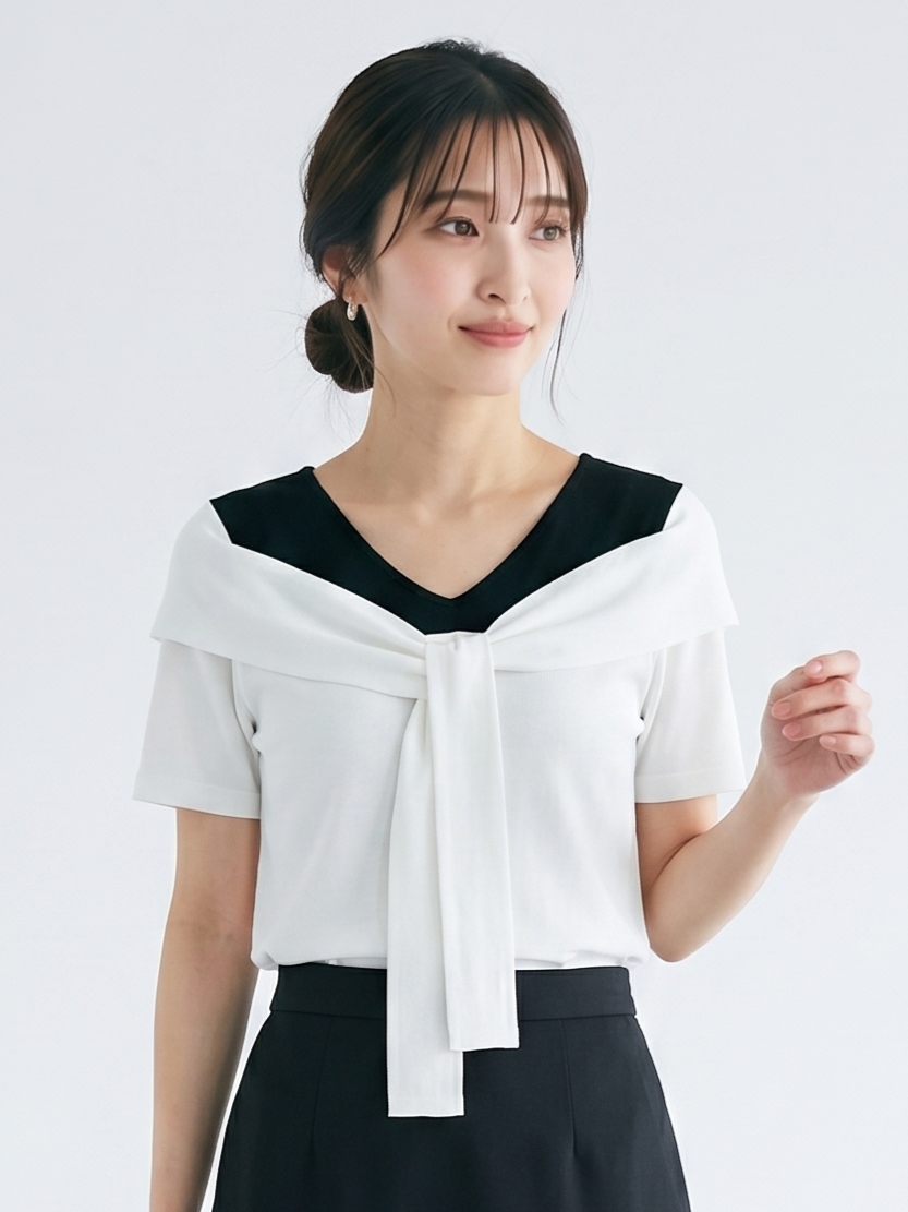 ドッキングVネック リボン付き フェイクレイヤード半袖Tシャツ