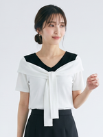 ドッキングVネック リボン付き フェイクレイヤード半袖Tシャツ
