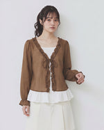 【全2色】【秋新作】S~XL フリル縁レースアップ フェイクレイヤードシャツ