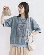 ゆったりドロップショルダー フラワープリントTシャツ-サックス-2XL