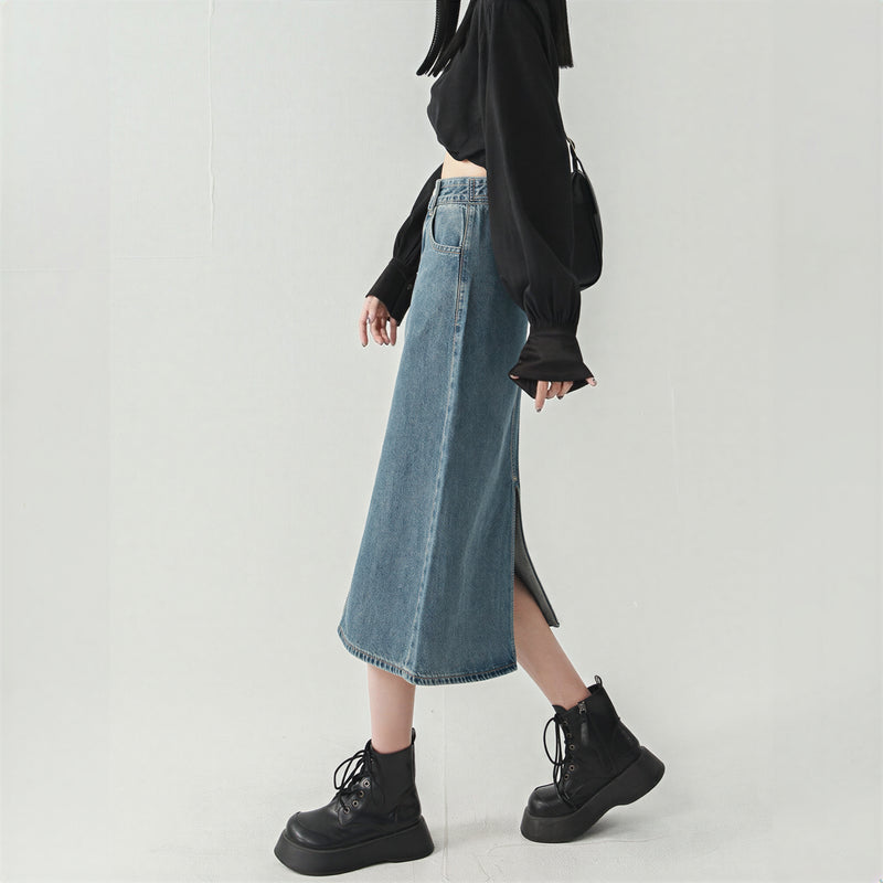 ハイウエスト ストレート スリット デニムスカート
