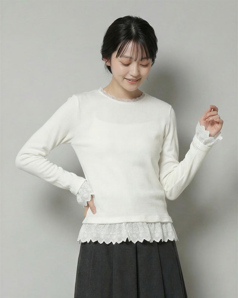 レース切り替え フリル付き クルーネック スリムフィット 長袖Tシャツ