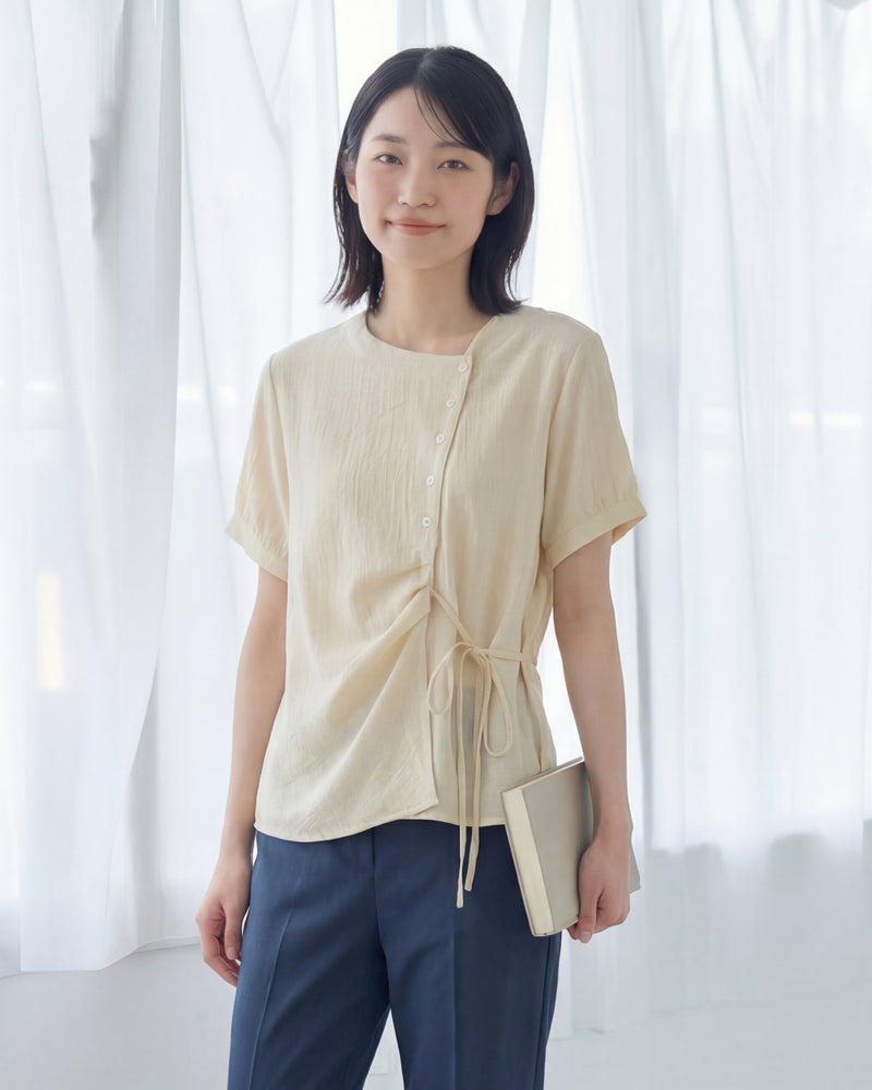 アシンメトリー前立て ドロストウエスト 半袖シャツ