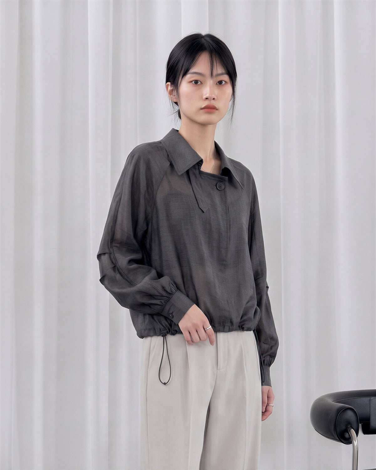 L~3XL ドローストリングウエスト アシンメトリー前立てシャツ