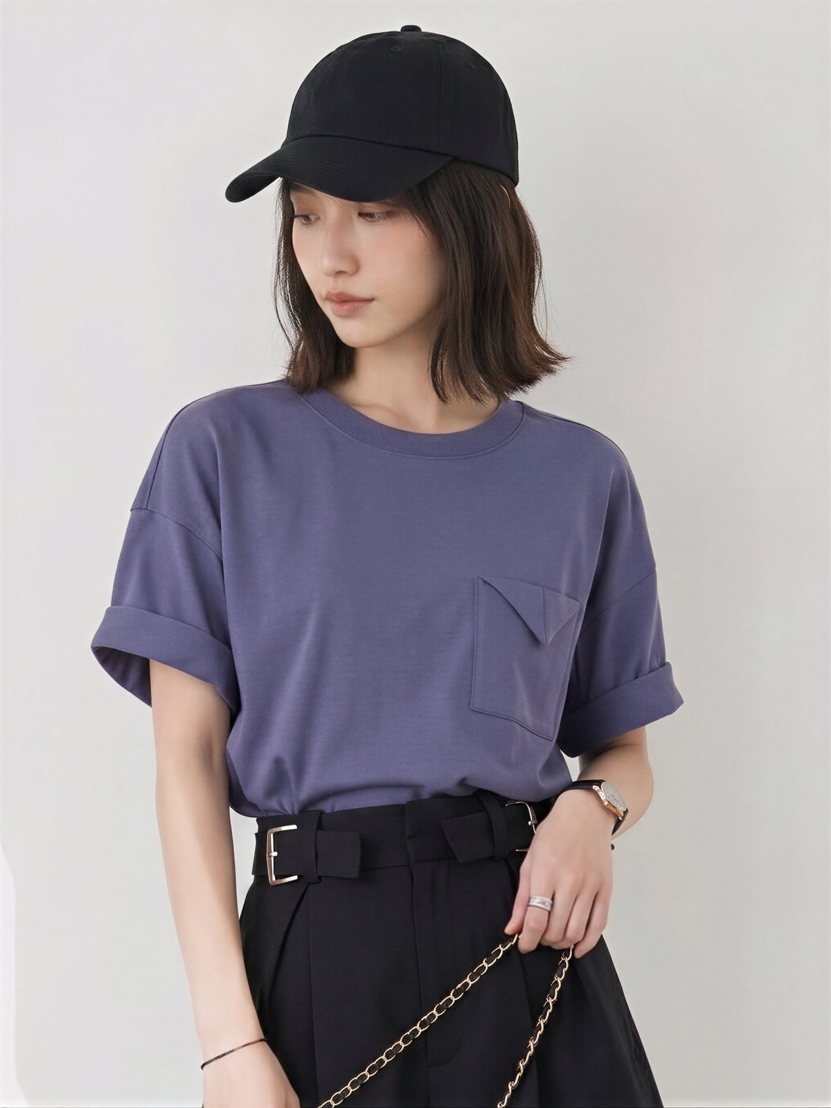 ゆったりドロップショルダー 折り返し袖口 ポケットTシャツ-パープル-L