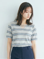 ライトブルーボーダーVネックニット