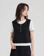 配色切り替えファスナー付きフェイクレイヤード半袖Tシャツ