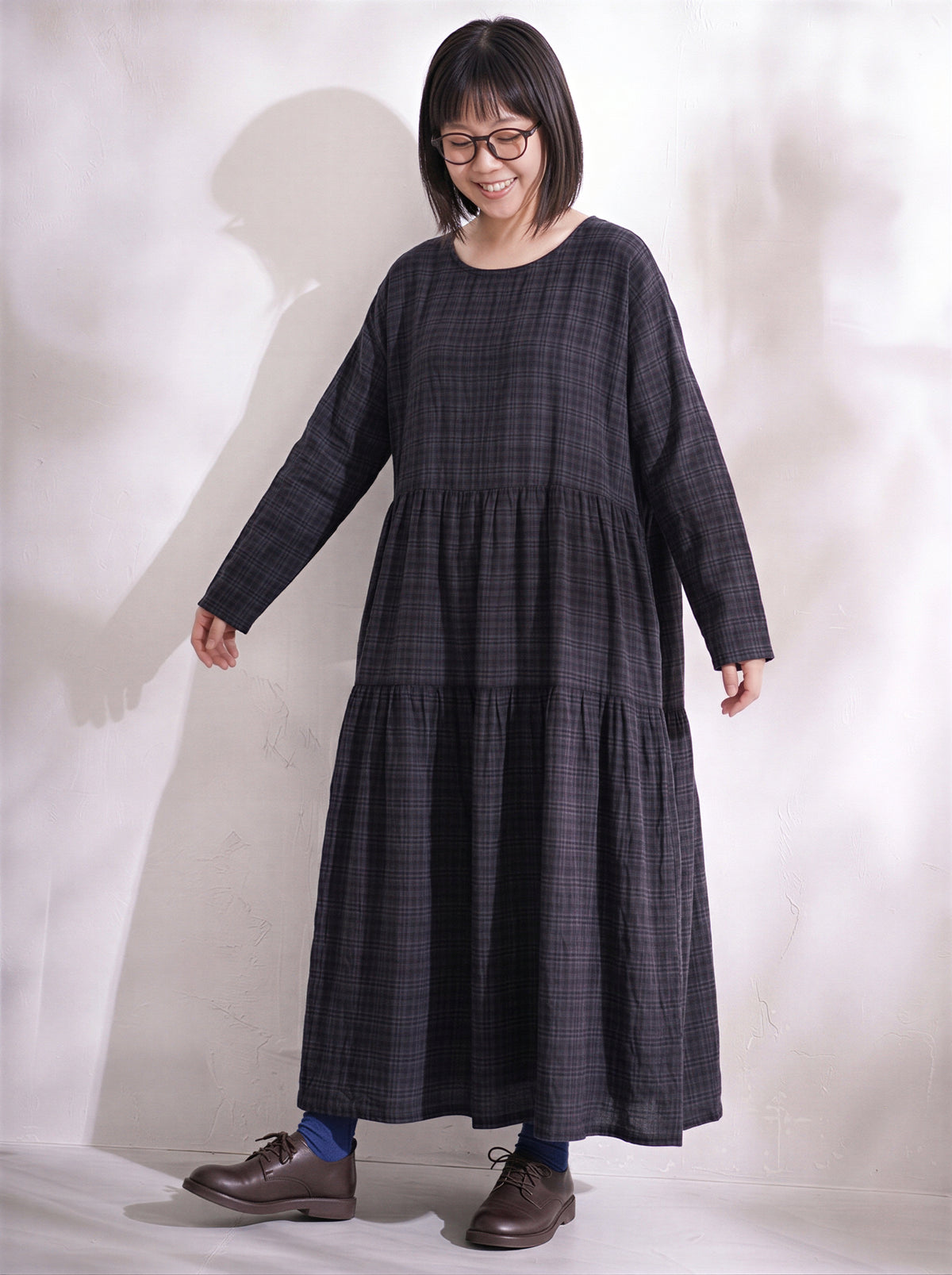 綿麻ゆったりシンプル継ぎ手長袖洋装