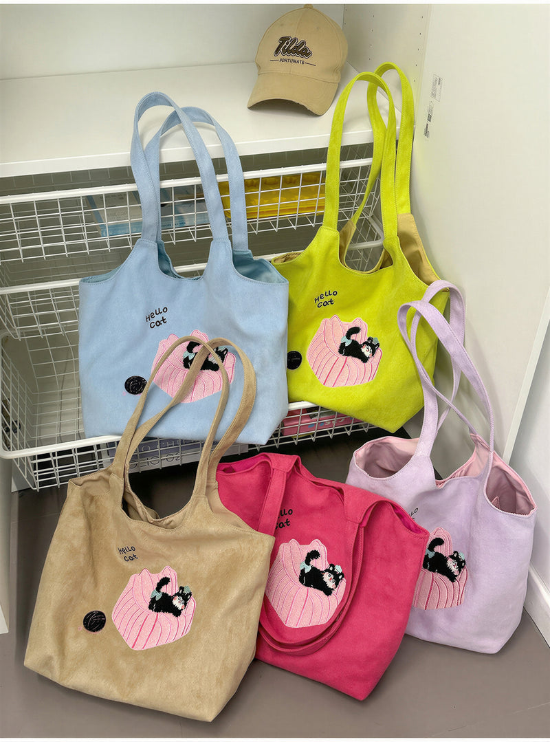 猫アップリケ刺繍 やわらかスエード調 トートバッグ