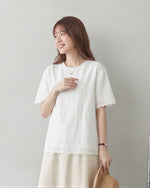 M-2XL カットワークレース ラウンドネック 半袖Tシャツ