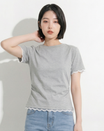 バックオープン リボン結び レース切替 クルーネック 半袖Tシャツ