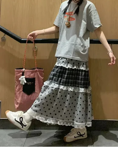 チェック×ドット切り替え レーストリム ティアードスカート