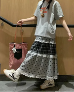 チェック×ドット切り替え レーストリム ティアードスカート