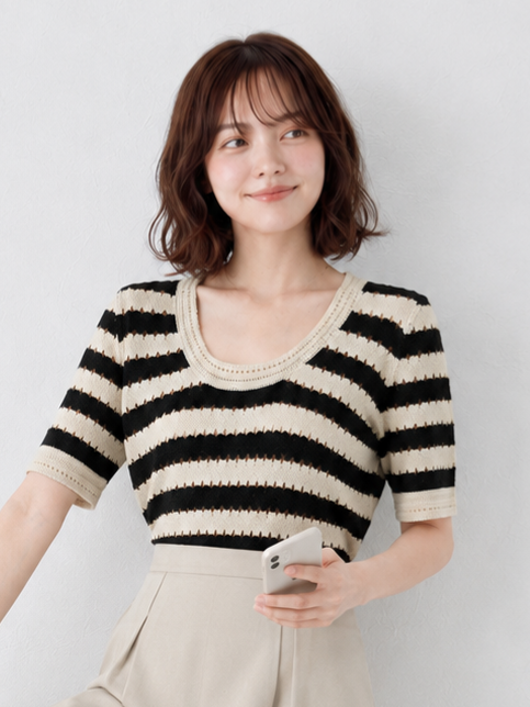 繊細でしなやか！半袖ボーダーTシャツフレンチミニニット