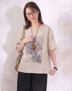 ゆったりカジュアルクルーネックフラワープリント半袖Tシャツ
