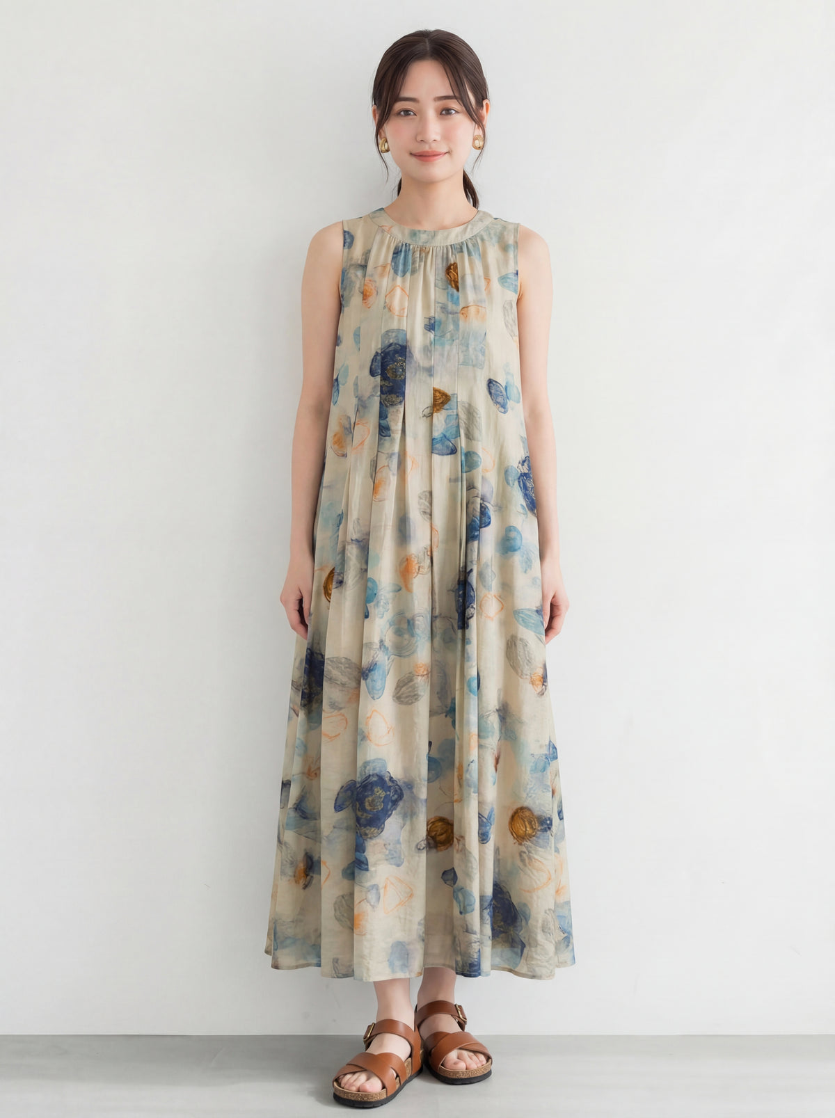ライトブルー 花柄プリント ゆったりAライン ノースリーブワンピース-アプリコット色-XL