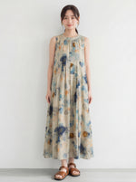 ライトブルー 花柄プリント ゆったりAライン ノースリーブワンピース-アプリコット色-XL