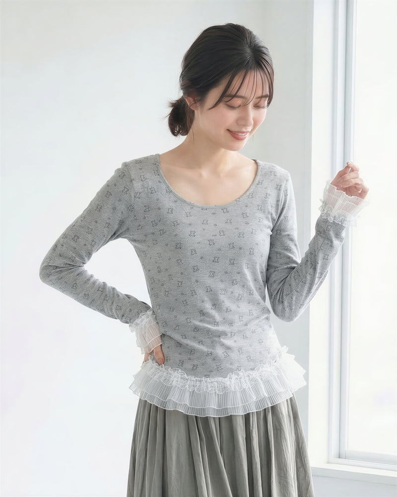 スクエアネック タイトシルエット 小柄プリント フリル切替 長袖Tシャツ