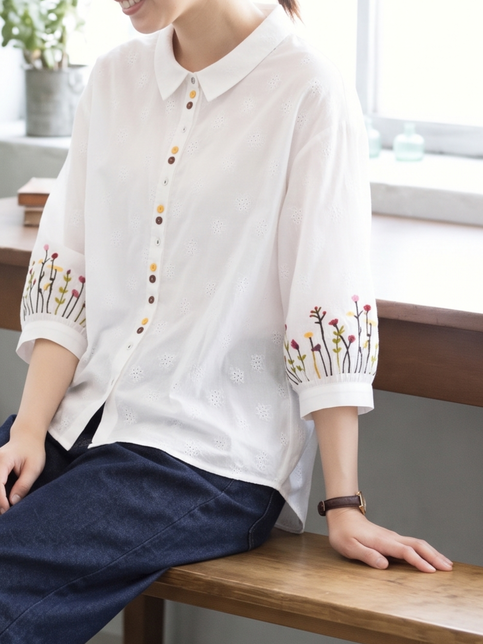 3色展開｜刺繍入り・スクエアネックシャツ