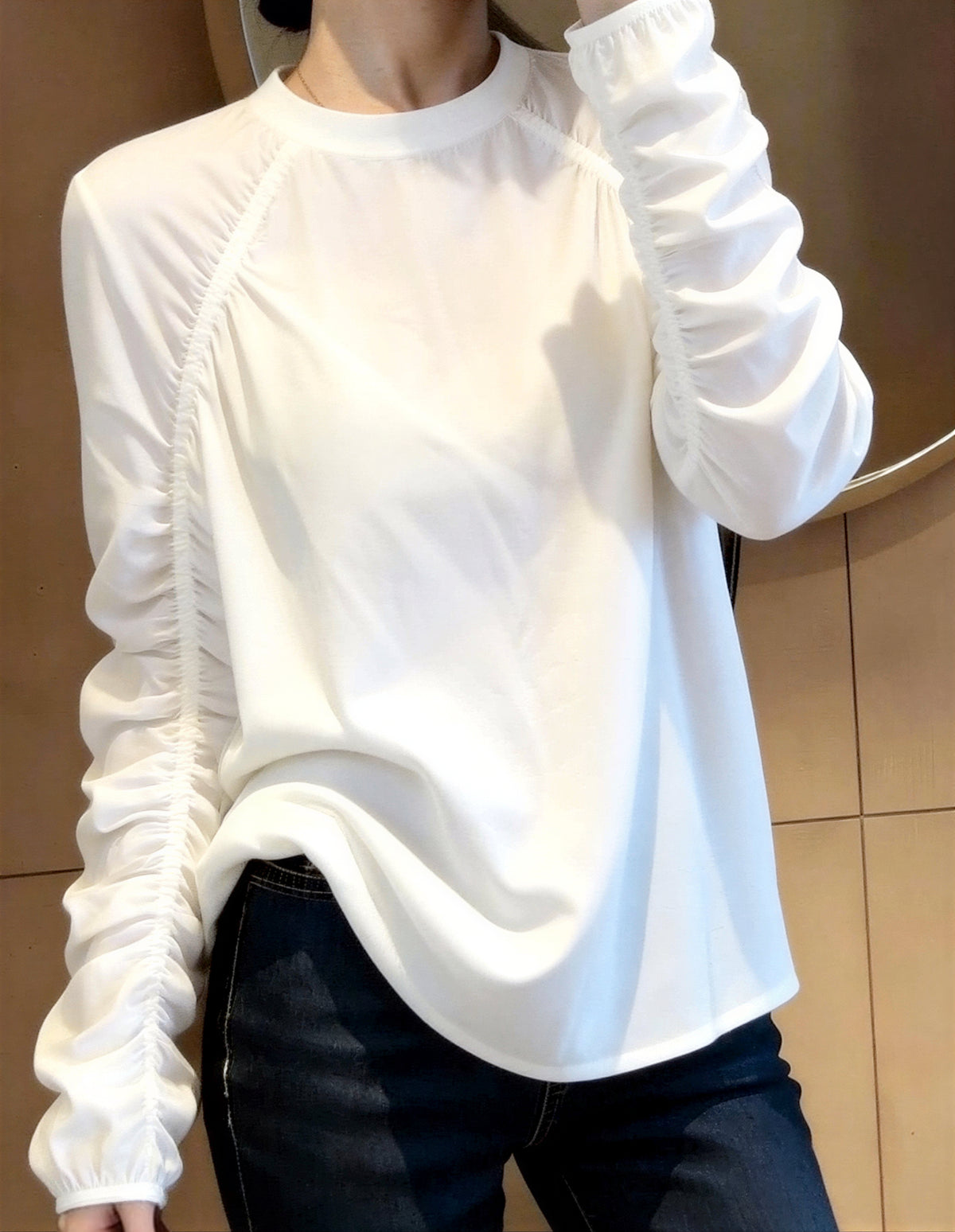 【秋新作】【全2色】ギャザー切り替えルーズ長袖Tシャツ