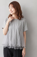 ゆったりラウンドネック チュール切り替えTシャツ