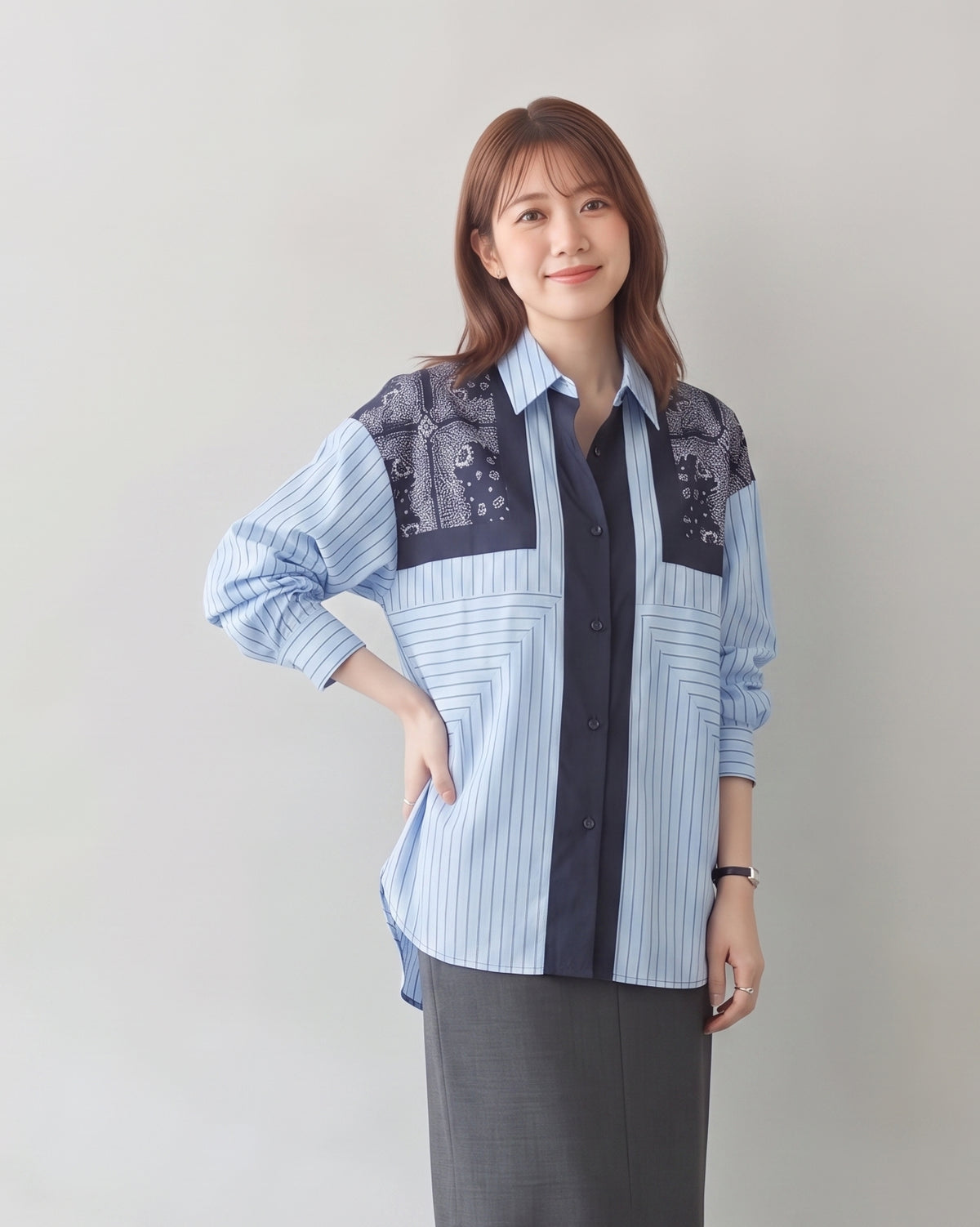 【秋新作】L~4XL 切り替えストライププリントシャツ
