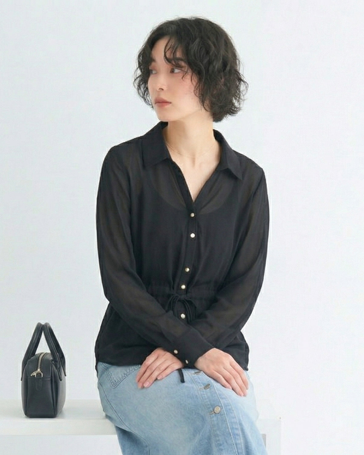 ベルト付き ウエストマーク 開襟 長袖 シフォンシャツ