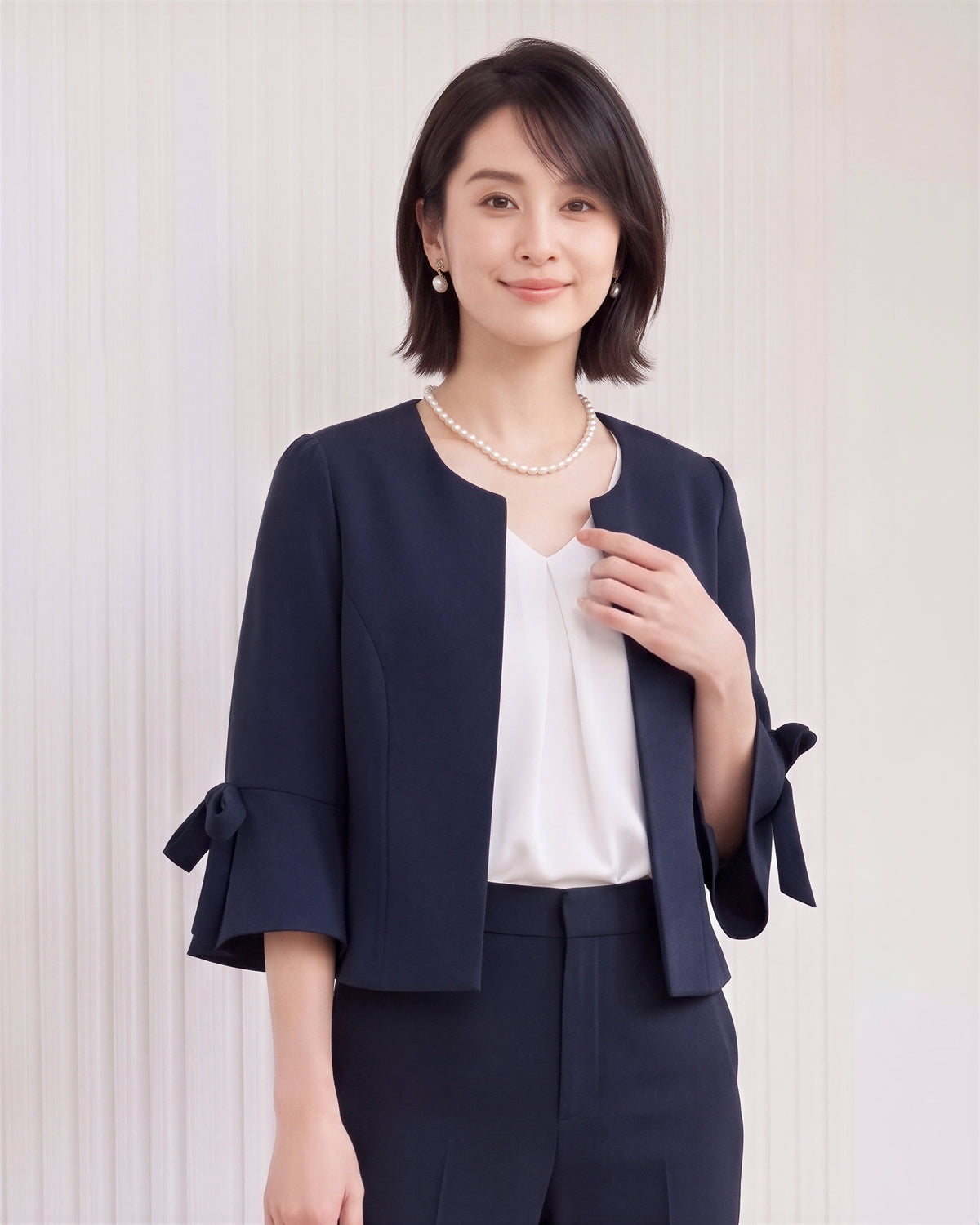 【秋新作】【全3色】S~2XL ラウンドネック フリルスリーブ リボン付き テーラードジャケット