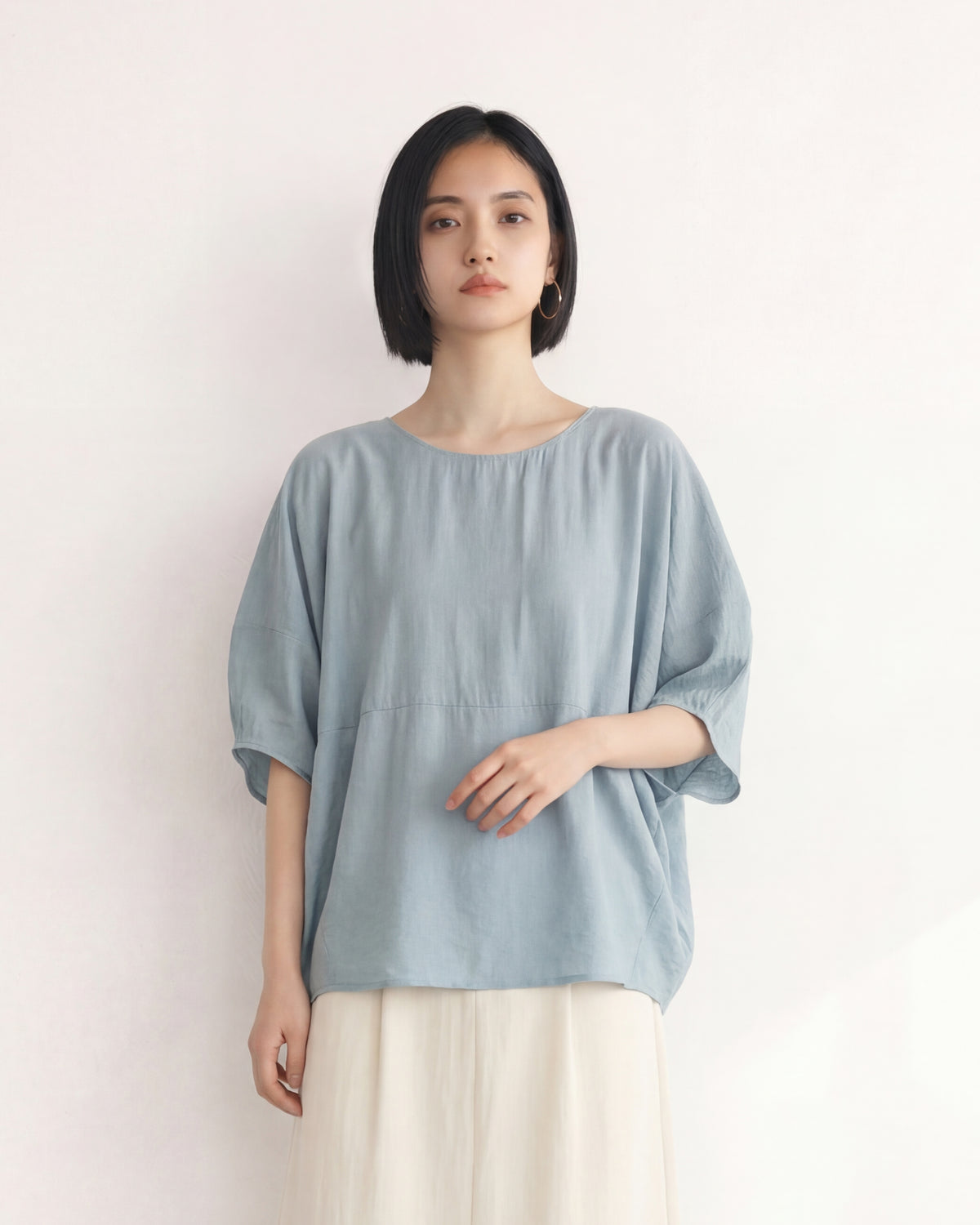 肩落ちドルマンスリーブ ゆったりシャツ-サックス-2XL