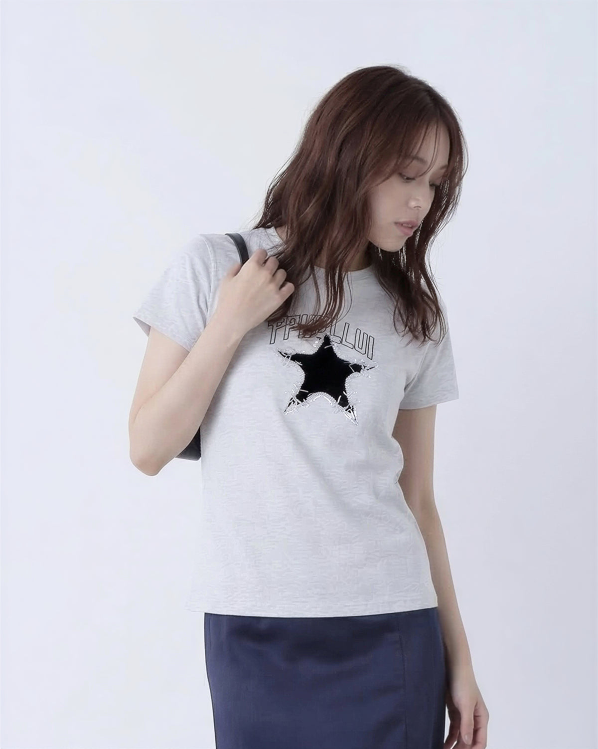 ライトグレー スタープリント スリムフィット 半袖Tシャツ-アッシュグレー-XL